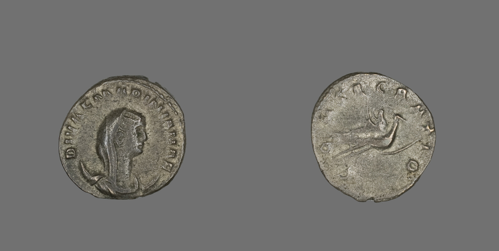 Both sides of a Roman silver antoninianus coin showing a woman’s portrait and a peacock.