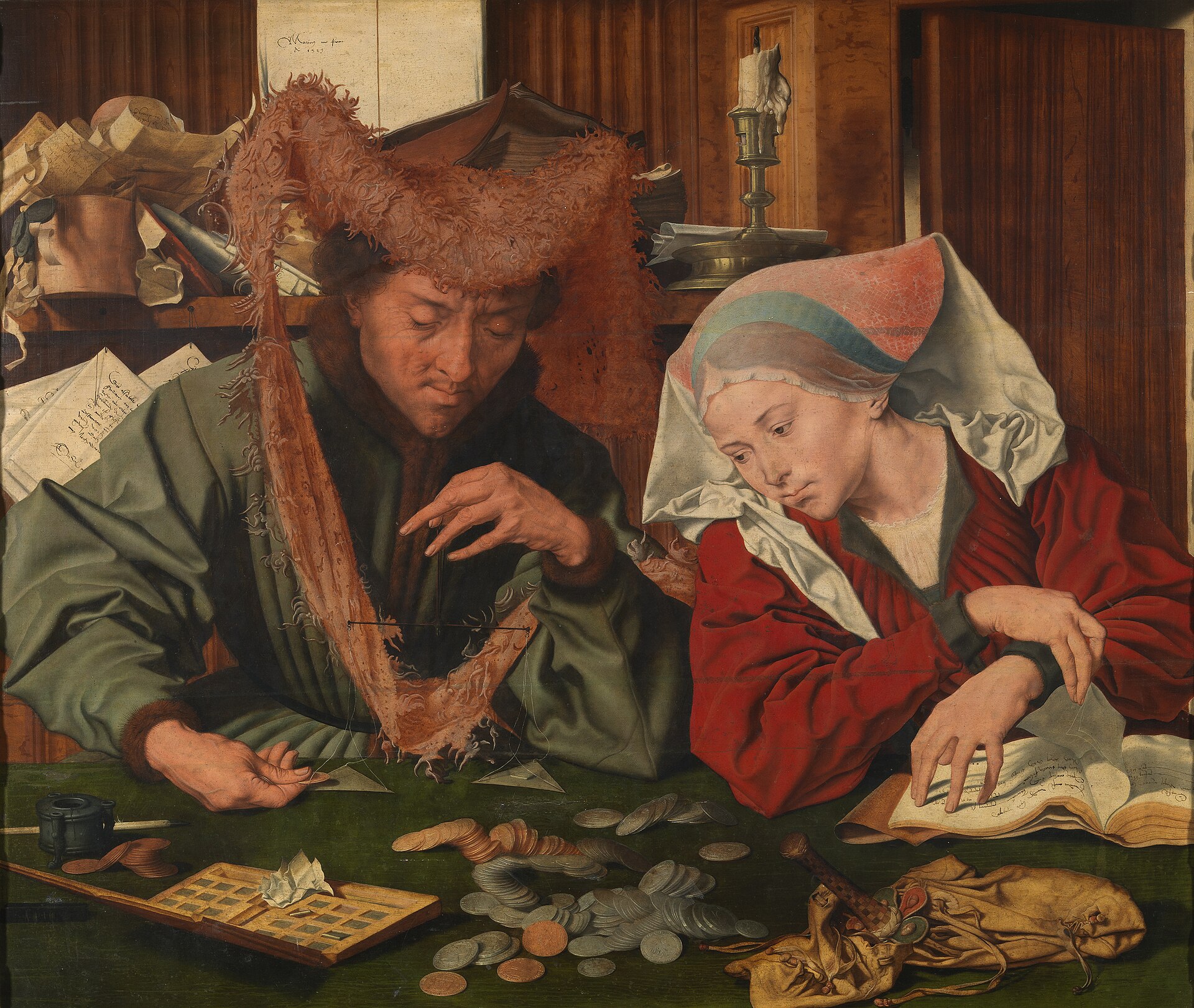 Oil painting of a moneychanger in a fur hat weighing a coin on a small scale, with his wife turning the pages of a ledger beside heaps of silver and copper coins on a green table.