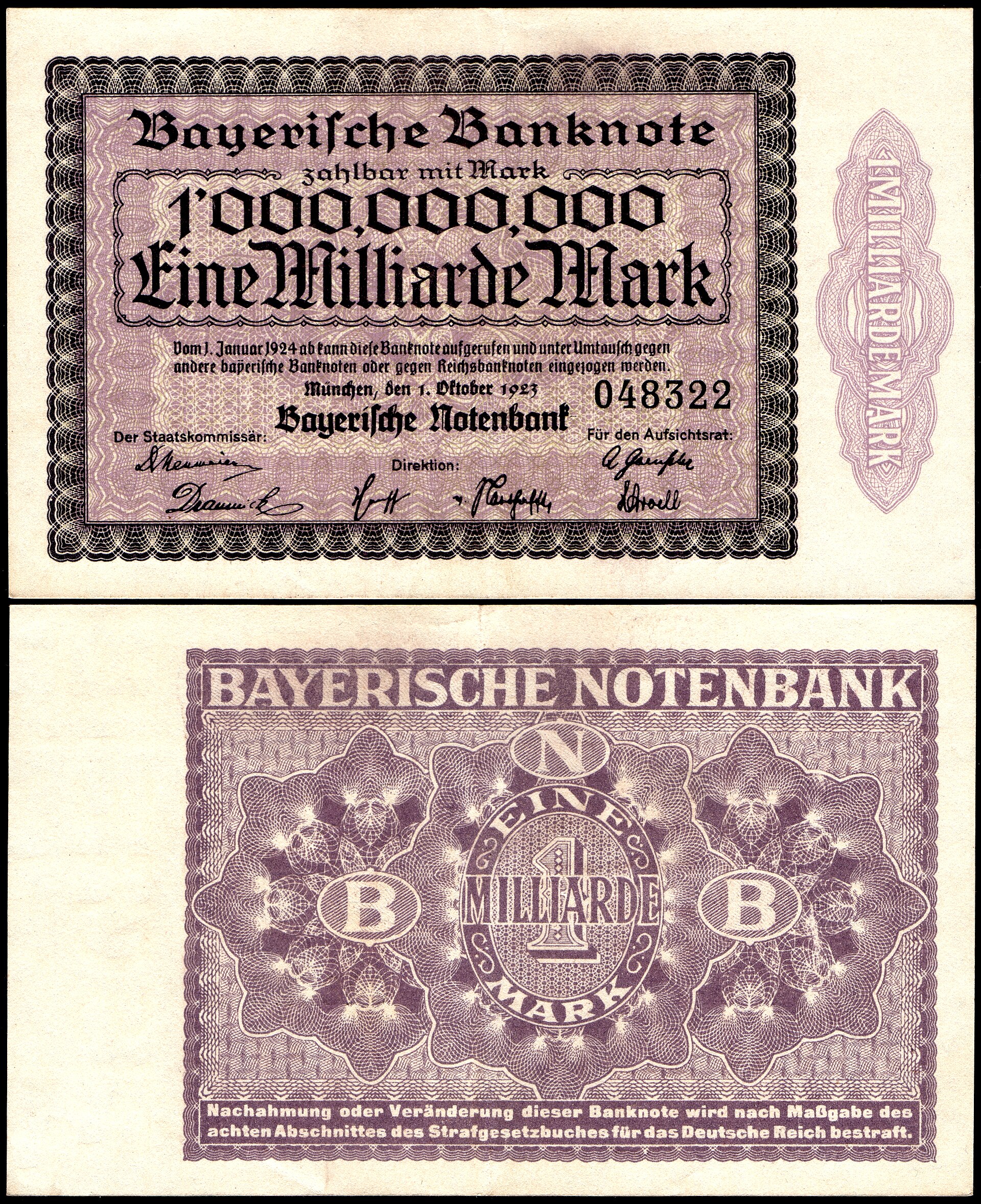 Front and back of a Bavarian banknote for one billion marks, dated 1 October 1923, in purple and black with fine engraved patterns.